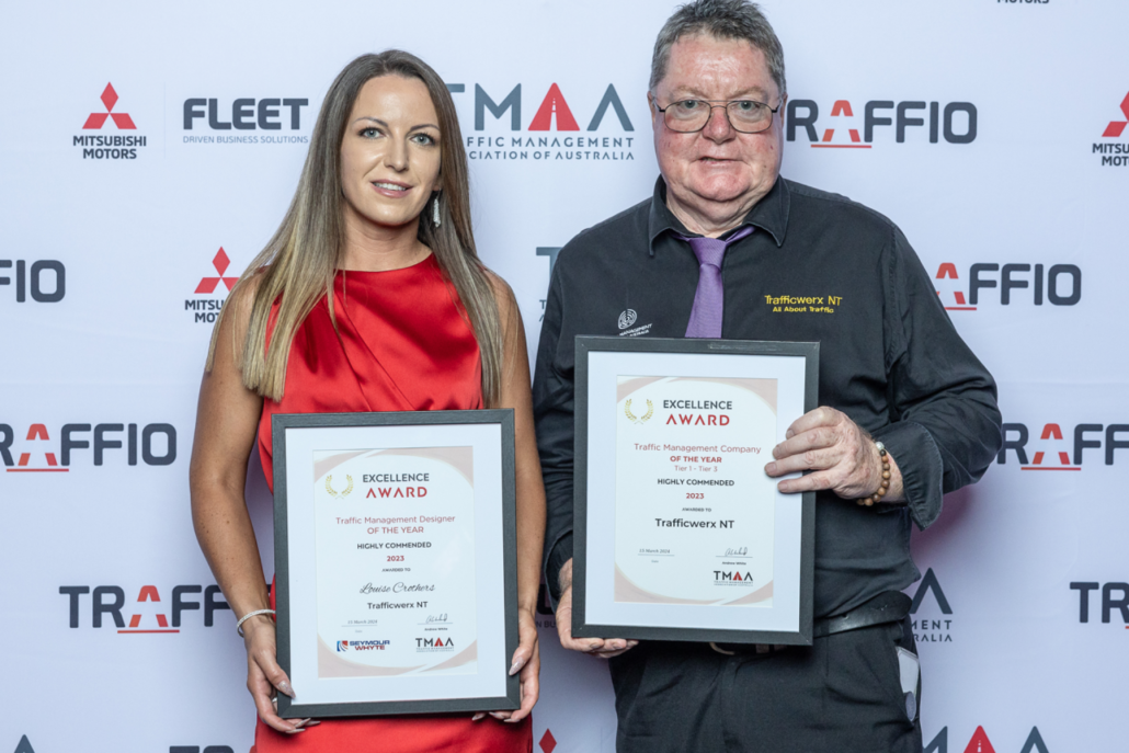 Louise Crothers and Chris Boyer are pictured holding their certificates for both Highly Commended in Traffic Management Designer of the Year Award and Tier 1-3 Traffic Management Company of the Year award.