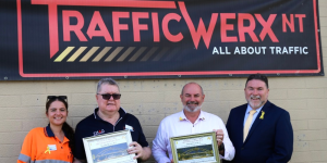 Tyra Webb Cooper, Chris Boyer, Hon Bill Yan and Peter Frazer all pictured together with their supporter certificates for SARAH Group and National Road Safety Week