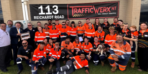 Team Trafficwerx NT are pictured alongside external guests who attended the Toolbox Talk with Peter Frazer